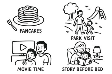 Weekend Family Activities. Parent-child weekend routine doodle set: hand drawn icons for pancakes, park visit, movie time, and