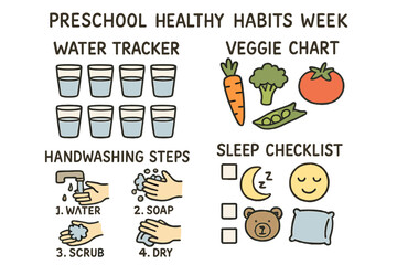 Preschool Healthy Habits Icons. Preschool healthy habits week doodle set: hand drawn icons for water tracker, veggie chart,