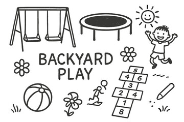 Backyard Play Doodles. Backyard play doodle set: hand drawn icons for swings, trampolines, chalk art, and kid fun, isolated