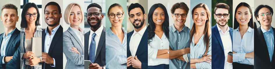 A diverse group of business professionals, including men and women of various backgrounds, is standing together.