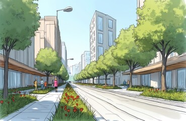 Urban streetscape sketch with trees, flowers, and people. Modern buildings line sidewalks with shops. City planning concept for future urban development and sustainable living.