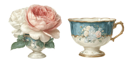 Vintage Tea Cup with Floral Decoration and Elegant Roses Design
