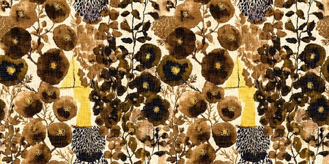 Stylised autumn winter brown floral watercolor seamless border pattern. Rustic cottage style mottled banner trim blur effect fabric texture design. For fall botanical wash tape
