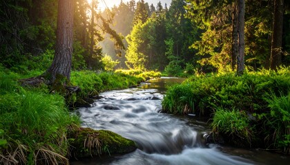Obraz premium A tranquil forest scene features a flowing river with smooth water, surrounded by lush greenery, trees, and sunlight