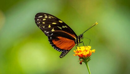 A vibrant butterfly with orange and black wings rests on a yellow flower, capturing a moment in nature