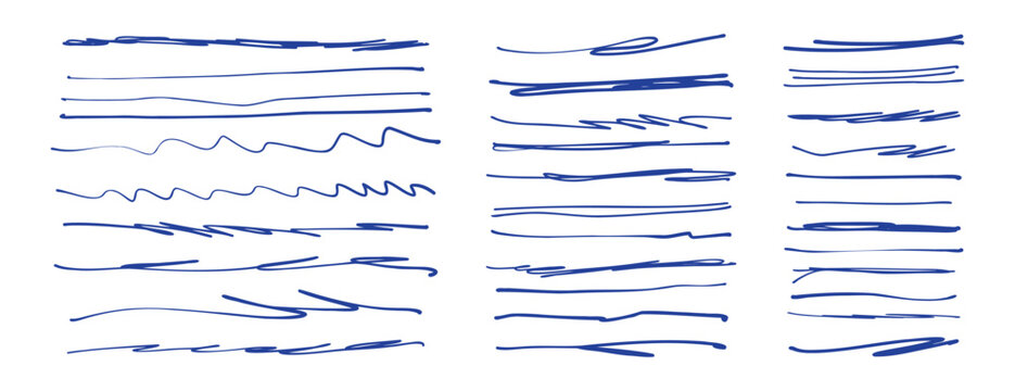 Hand drawn blue pen underline strokes. freehand pen stroke sketch brush scribbles, ink marker squiggle lines.