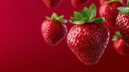A close up of a red strawberry with a green leaf on top. The image has a vibrant and fresh feel to it, with the red color of the strawberry and the green leaf adding a pop of color to the scene