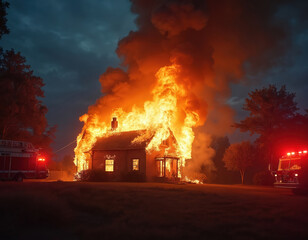 Residential house burns with intense destructive flames after dark. Thick smoke billows upwards into dark night sky. Two fire trucks on scene, red emergency lights flash. Trees stand silhouetted,