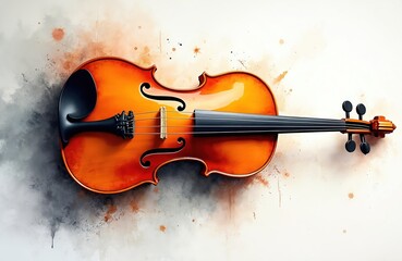Fototapeta premium A digital painting of a violin. The instrument has warm orange and brown colors. It has four strings and a black neck. The violin is on a white background with gray and orange paint splatters.
