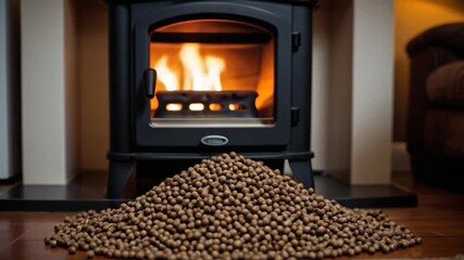A pile of dog food sits next to a stove, perfect for pet owners or dog-related content