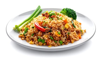 A plate of flavorful fried rice, piled high with vegetables, meat, and eggs, garnished with green onions and broccoli florets.