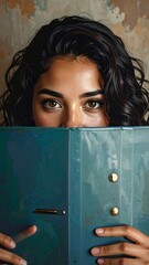 Close-up portrait of a woman with dark curly hair, holding a teal-colored folder, concealing her face partially.