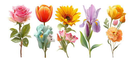 Beautiful Floral Collection of Isolated Colorful Flowers on Transparent Background