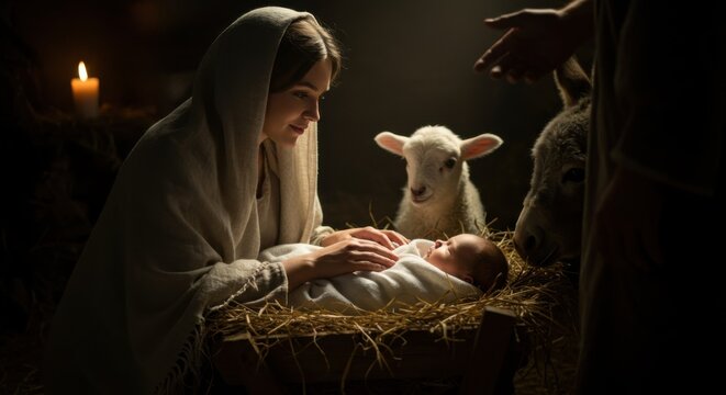 Woman Mary gazing at baby Jesus in a manger with a lamb and donkey. Christmas Nativity scene for religious celebration and holiday card.