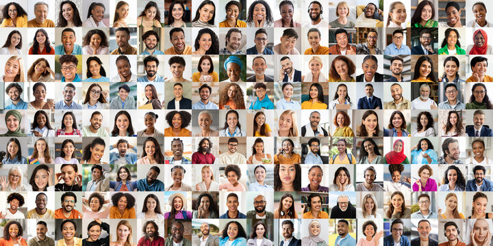 A lively collection of diverse faces, featuring individuals sharing joyful expressions in various environments, highlighting the beauty of multiethnic connections in everyday life.