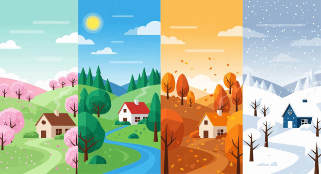 Four Seasons Landscape A visual representation of the changing seasons from spring to winter, featuring nature, homes, and landscapes