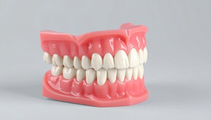 Dental model showing full set of upper and lower human teeth mounted in pink gums, placed on a neutral surface—used for educational or demonstration purposes in dentistry to illustrate tooth alignment