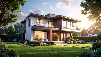 A modern, two-story house stands proudly in a meticulously landscaped yard, bathed in the warm glow of a golden sunset.