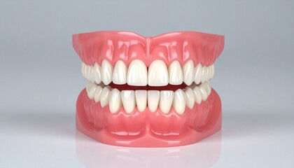 Obraz premium Dental model showing full set of upper and lower human teeth mounted in pink gums, placed on a neutral surface—used for educational or demonstration purposes in dentistry to illustrate tooth alignment