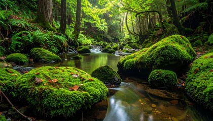A vibrant forest scene features a serene stream winding through moss-covered rocks and lush green vegetation. Sunlight filters creating a peaceful ambiance