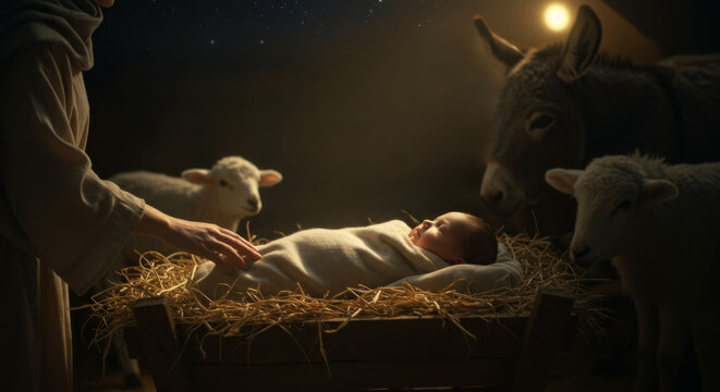 Woman gently reaching for baby Jesus in a manger surrounded by straw, with animals nearby under a starry night sky for Christmas. - Powered by Adobe
