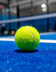 Close-up view of a bright yellow tennis ball resting on a vibrant blue court surface.