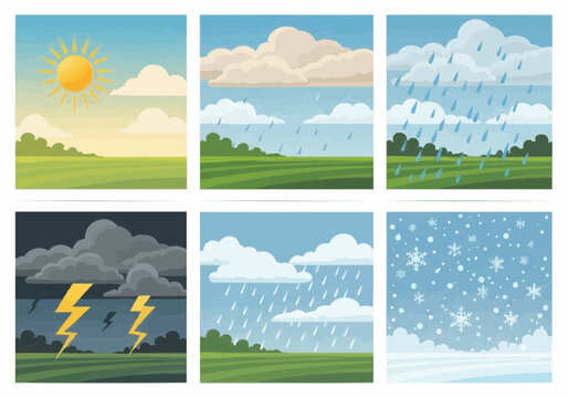 A collection of vector illustrations depicting various weather conditions, including sunny days, rain, thunderstorms, and snowy landscapes