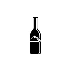 Wine bottle with house roof inside, black and white logo.
