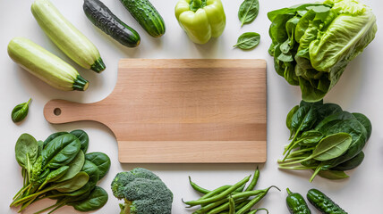 Fresh green vegetables and empty cutting board, healthy cooking flat lay