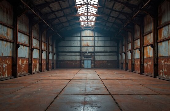 Expansive industrial warehouse interior with rust textured metal walls and floor. Natural light streams through large skylights onto the empty space with a double door at the far end. - Powered by Adobe