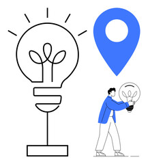 Man carrying a light bulb with a leaf pattern, large blue location pin to emphasize innovation and eco-conscious ideas. Ideal for creativity, design, sustainability, planning, progress, inspiration