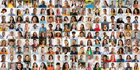 Fototapeta premium A vibrant collage captures diverse individuals smiling and enjoying life. Each face represents unique backgrounds and cultures, reflecting the beauty of community and togetherness.