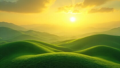 Vibrant green rolling hills stretch towards hazy horizon under bright yellow sky. Sun rays break through clouds, illuminating peaceful, natural scenery. This pastoral view evokes sense of calm.