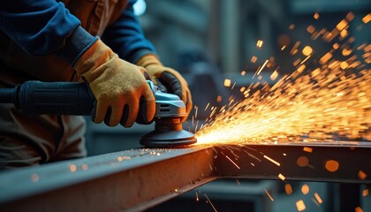 Worker with safety gloves grinds metal beam creating hot sparks shower. Skilled craftsperson uses angle grinder in industrial workshop. Manual labor, fabrication process.