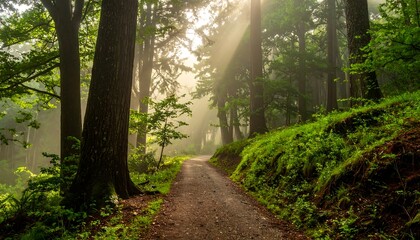 Obraz premium A tranquil forest path winds uphill, bathed in sunlight piercing through lush green foliage and misty air