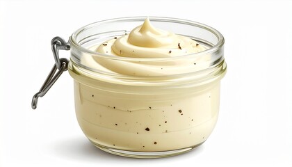 Sealed glass jar of creamy yellow sauce with black specks, minimal food packaging design.