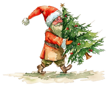 PNG A Christmas knome carry a christmas tree illustration watercolor festive.