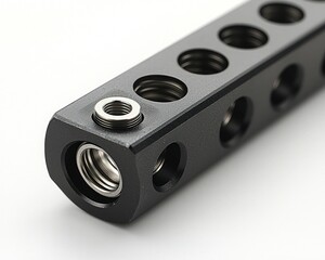 Close-up of a black metal rod with threaded holes