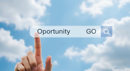 Finger pointing at a search bar with the word "Opportunity" and a "GO" button against a cloudy sky background symbolizing growth and success