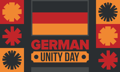 German Unity Day. Celebrated annually on October 3 in Germany. Happy national holiday of unity, freedom and reunification. Deutsch flag. Patriotic poster design. Vector illustration
