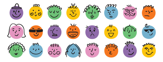 funny comic faces round abstract various emotions set. crayon drawing different colorful characters. cartoon flat design.