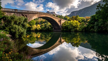 A magnificent stone arch bridge spans a tranquil river, reflecting the autumnal foliage and sky, creating a serene and picturesque scene.