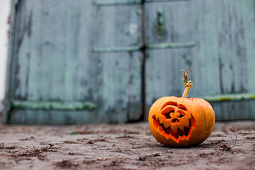 Spooky pumpkin face with glowing eyes