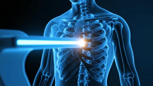 Advanced radiation therapy beam targeting a cancerous tumor in the chest cavity of a patient for modern oncology treatment and innovative cancer care technology illustration