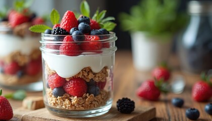 Fresh berry parfait ready in clear glass jar on rustic wood table. Layers of creamy yogurt, crunchy granola, ripe red fruit. Bright strawberries, blue blueberries, raspberries, blackberries abundant