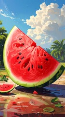 A vibrant depiction of a large watermelon slice, bathed in sunlight, with water droplets glistening on a textured surface, evoking a summer day.