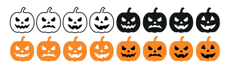Halloween pumpkin faces spooky funny expressions black orange isolated. Pumpkin scary smile emotion