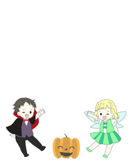 ハロウィンフレーム｜かぼちゃ・吸血鬼の男の子・妖精の女の子（背景透過PNG／文字入れ用余白あり）