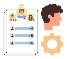 Team leaderboard with members ranked by scores, profile stats, head silhouette, and gear for teamwork. Ideal for leadership, competition, organization, collaboration, decision-making management