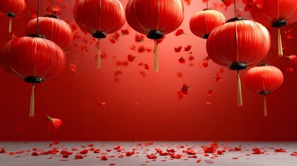 A red background with many red lanterns hanging from the ceiling. The lanterns are scattered throughout the scene, with some hanging closer to the foreground and others further back